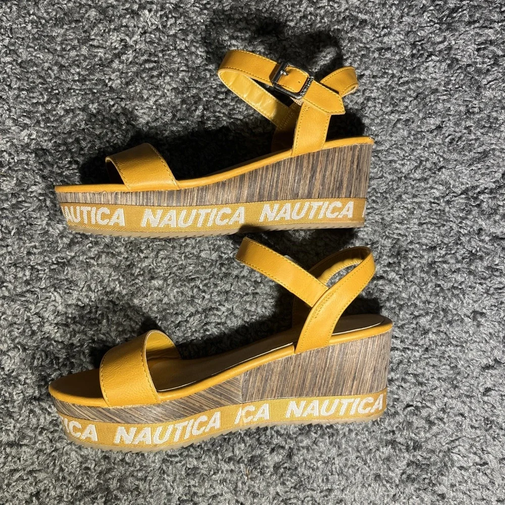 Nautica Sandal Women's Size 6.5 Mustard Faux Wood Wedge Sandal  Buckle - Picture 5 of 13